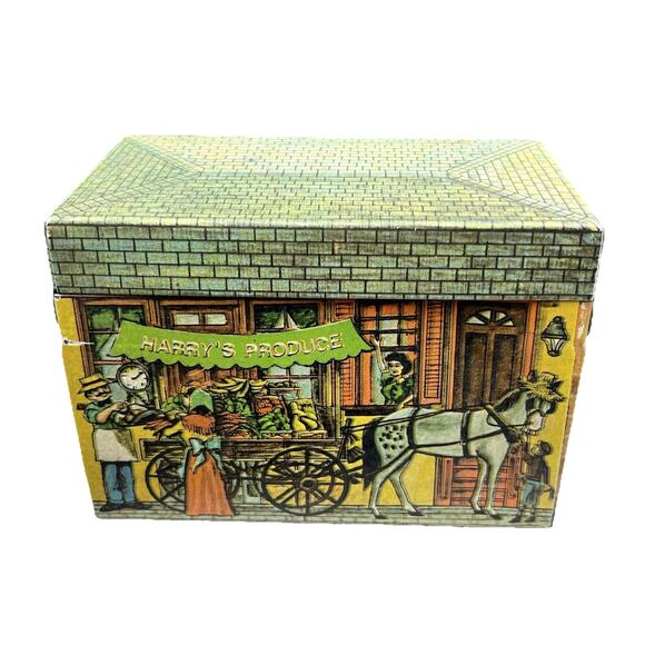 Vintage Tin Metal Recipe Box, 1979 Chein Industries Village Library Kitchen Use - Picture 4 of 14